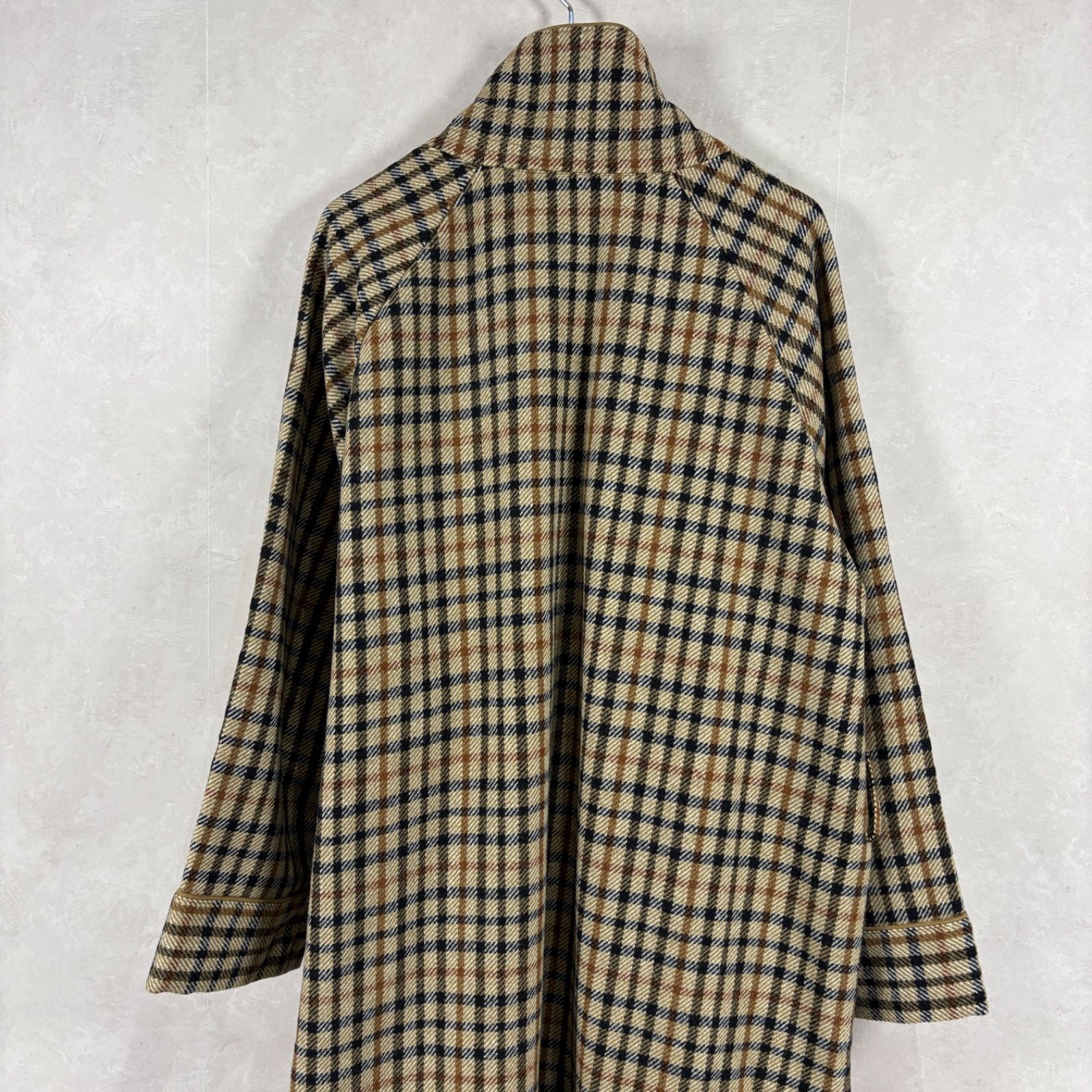 美品 DAKS ダックス 定番チェック 総柄 ウール ガウンコート ウエスト