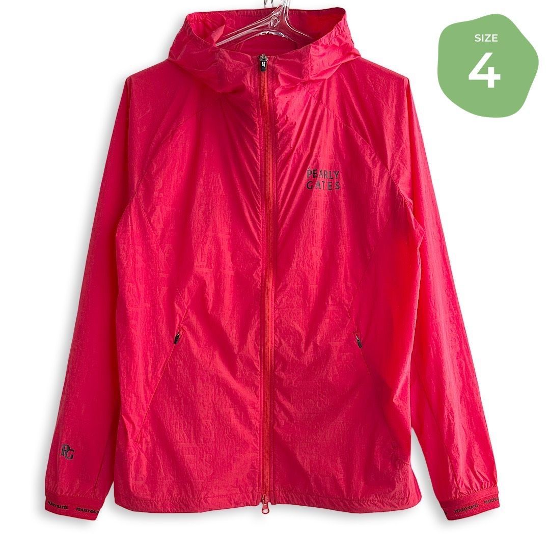 524 PEARLY GATES パーリーゲイツ 定価39 600円 メンズ PERTEXQUANTUM フルジップフーディブルゾン 薄手 軽量 撥水 防水 耐風 透湿 ゴルフウェア アウター フード付き レッド 赤 通気孔 サイズ4 Mサイズ