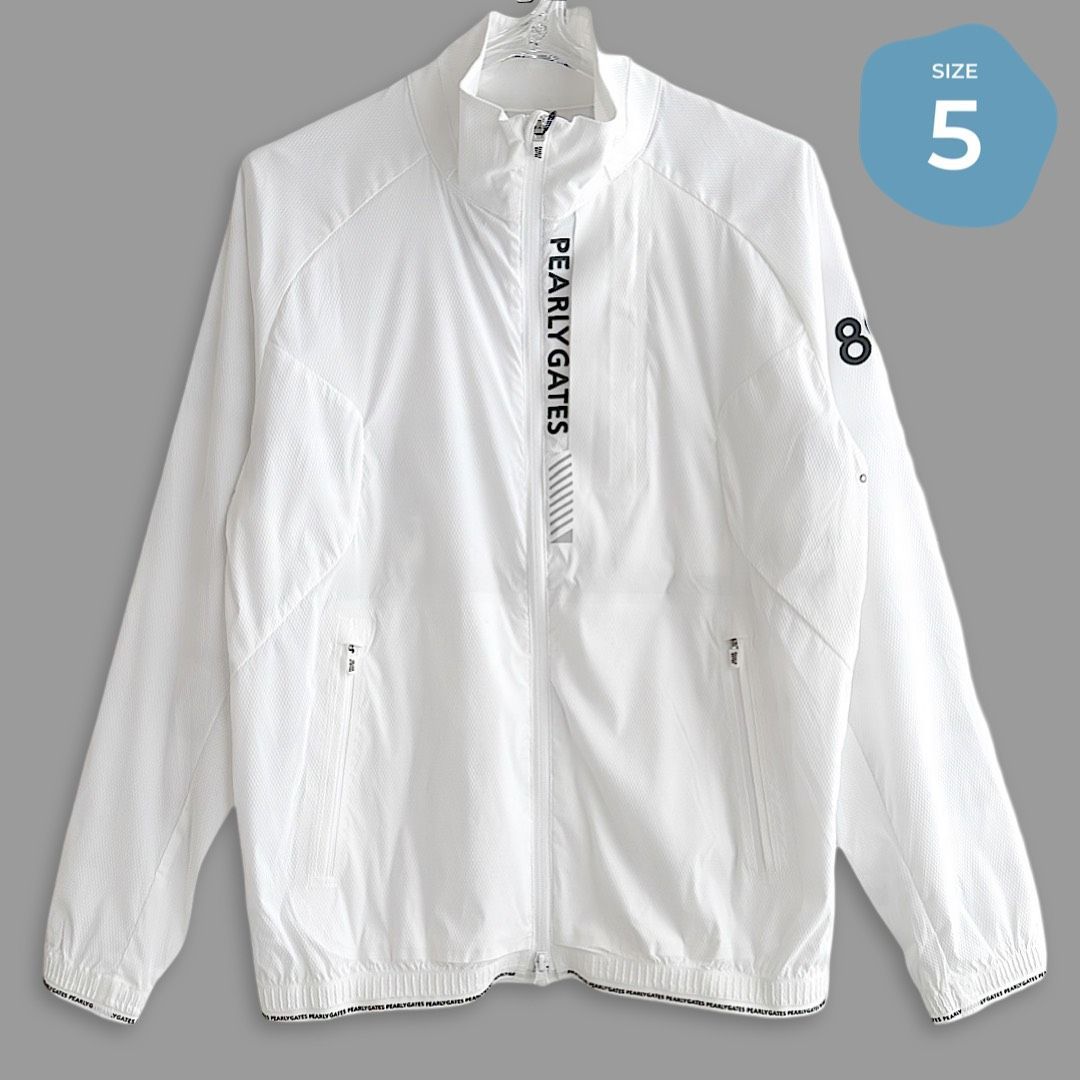 523 PEARLY GATES パーリーゲイツ メンズ ホワイト ジップアップ ブルゾン ジャケット ゴルフウェア 軽量 ストレッチ エアシャット ダイヤドビー柄 白 サイズ5 Lサイズ