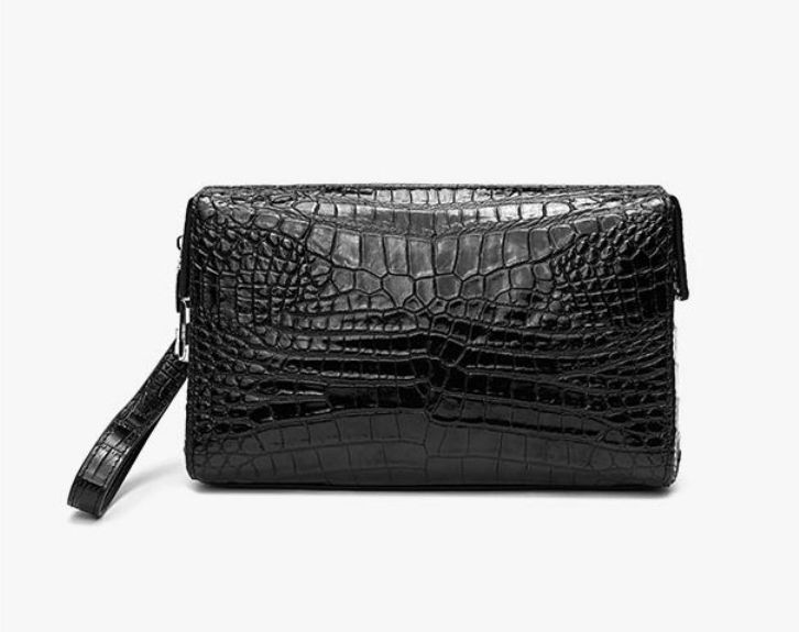 ワニ革調 メンズ用牛革 フラップ付きロック留めハンドバッグ