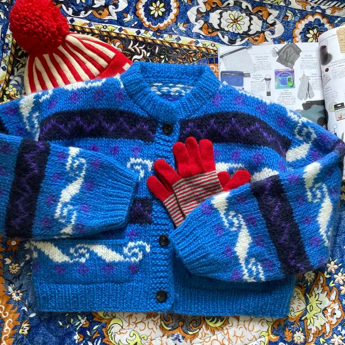 オーバーサイズ ナバホ 波 パータン ウール ヘビーニット クロップド セーター ボタン カーディガン