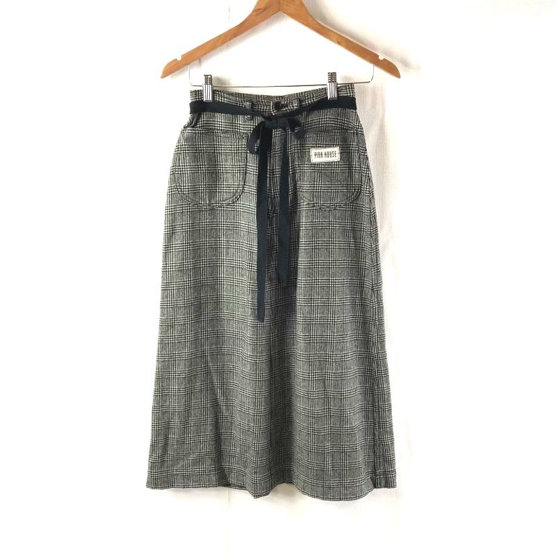 ピンクハウス PINK HOUSE スカート ロング グレンチェック柄 ウエストリボン ポケット グレー系 978785