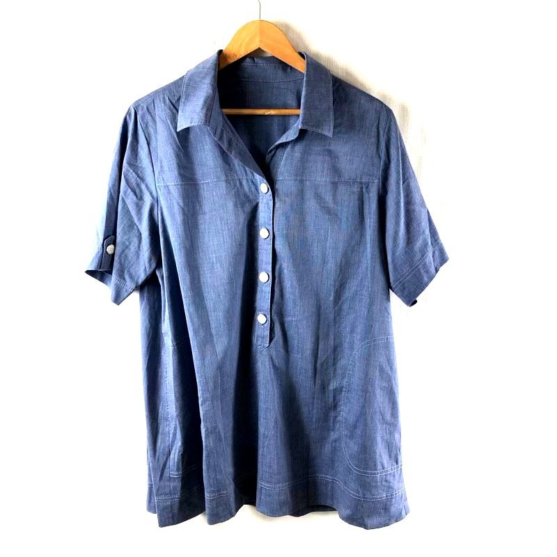 レリアン leilian チュニック シャツ 半袖 ボタン サイドポケット 青系 978871