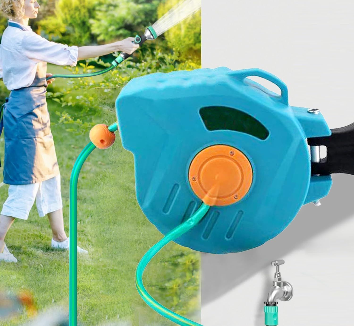壁掛/ポータブル 庭用 （20m）ホースリール 自動巻き戻し 多機能ノズル付き ホースリール 180°回転ブラケット付き 広範囲角度対応 ガーデンホース 散水ホース