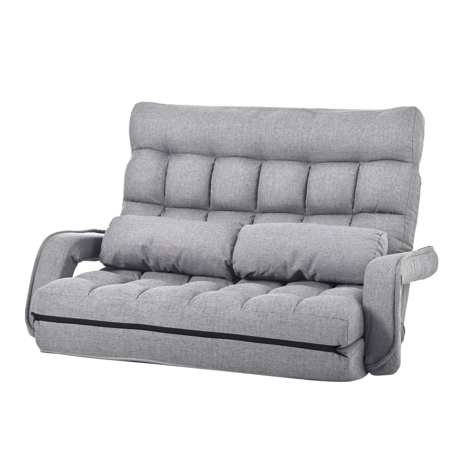 座椅子 二人掛け 4 WAY 連動肘つき リクライニングソファ 折りたたみ 座いす 2人掛けソファー ハイバック リクライニング 低い椅子 ローソファー コンパクト リラックスチェア リクライニングチェア ライトグレー