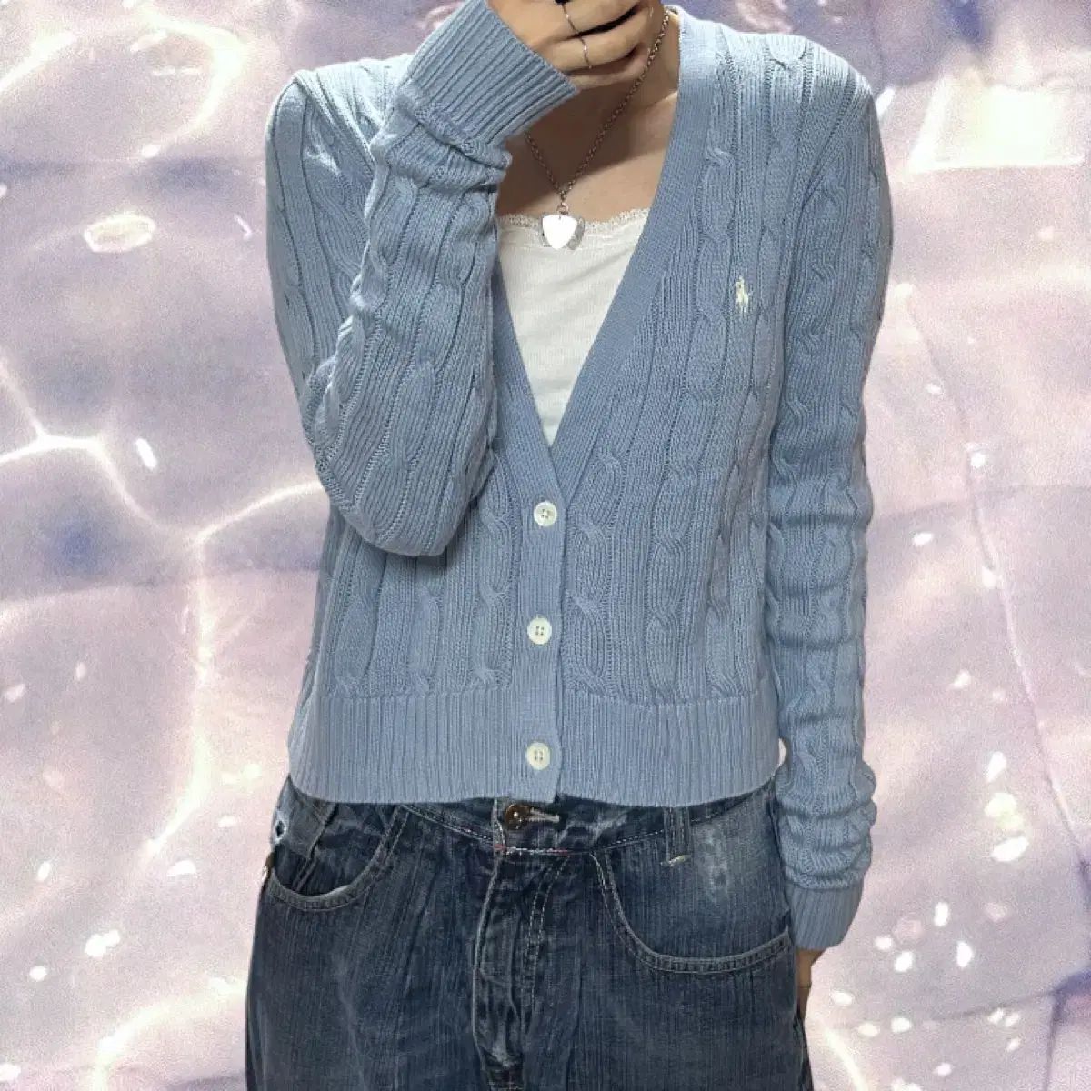 POLO RALPH LAUREN ポロラルフローレン 新モデル QR Vネック ケーブル編み ニット カーディガン スカイブルー ライトブルー L