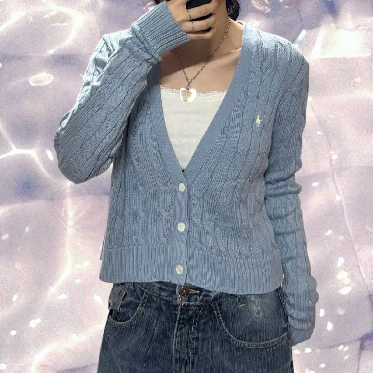POLO RALPH LAUREN ポロラルフローレン 新モデル QR Vネック ケーブル編み ニット カーディガン スカイブルー ライトブルー L