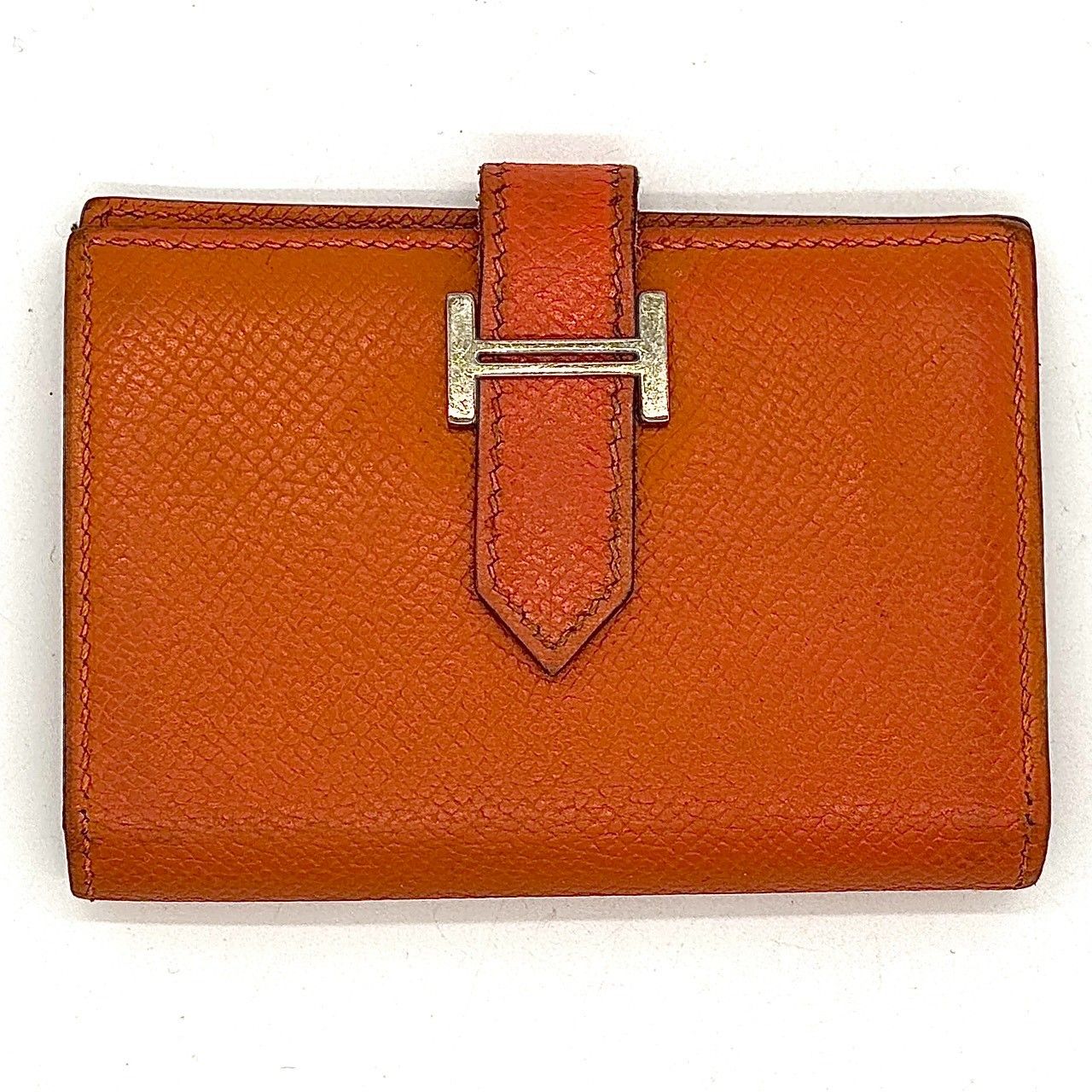 気品宿るエルメス橙 HERMES エルメス ベアン ミニカードケース 名刺ケース H金具 シルバー レザー J刻印 オレンジ