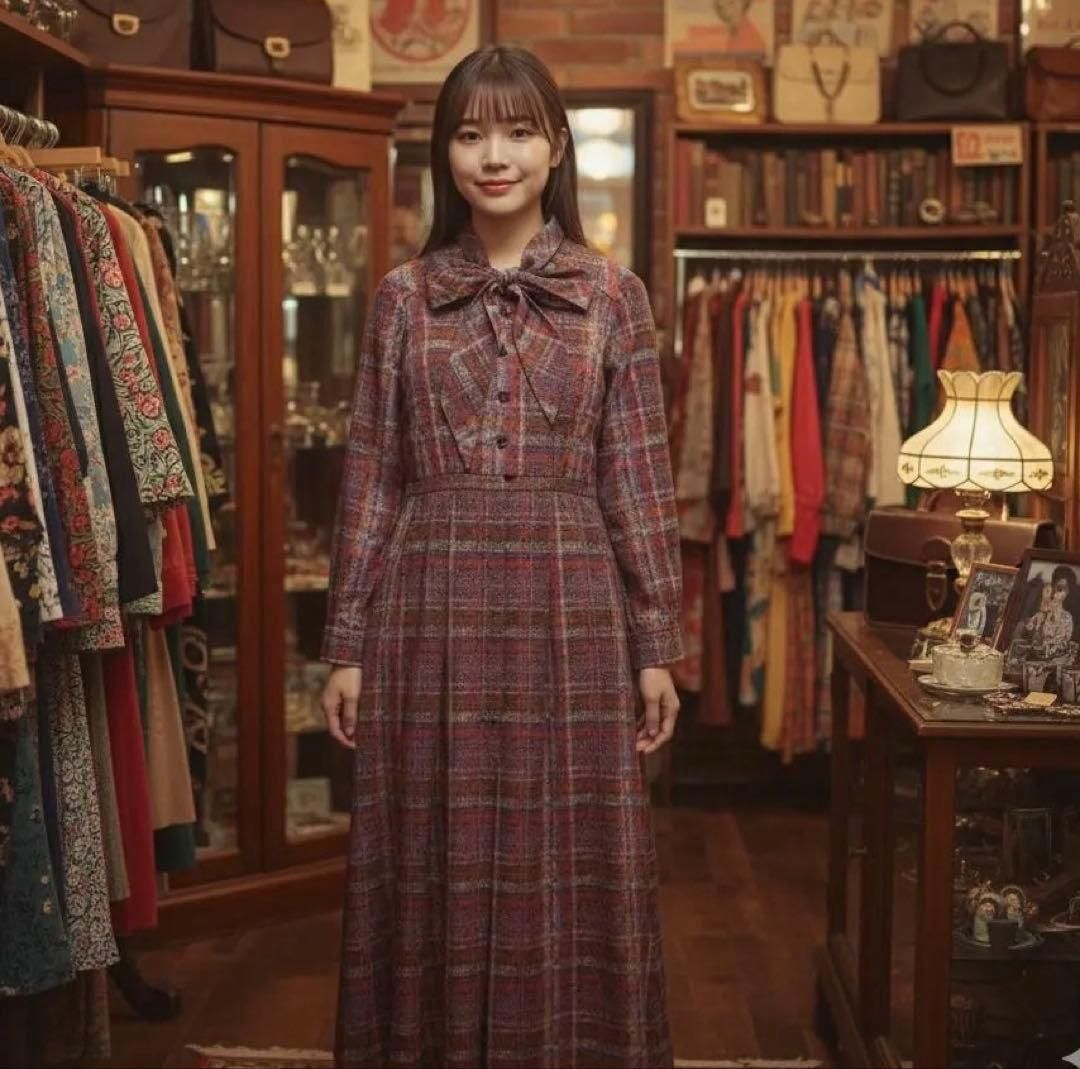 昭和レトロ リボンタイ付き チェックワンピース 秋冬クラシカル ブラウン Q 1