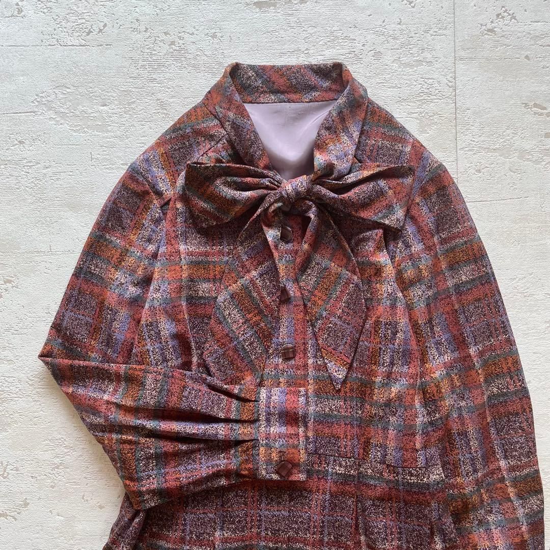 昭和レトロ リボンタイ付き チェックワンピース 秋冬クラシカル ブラウン Q1