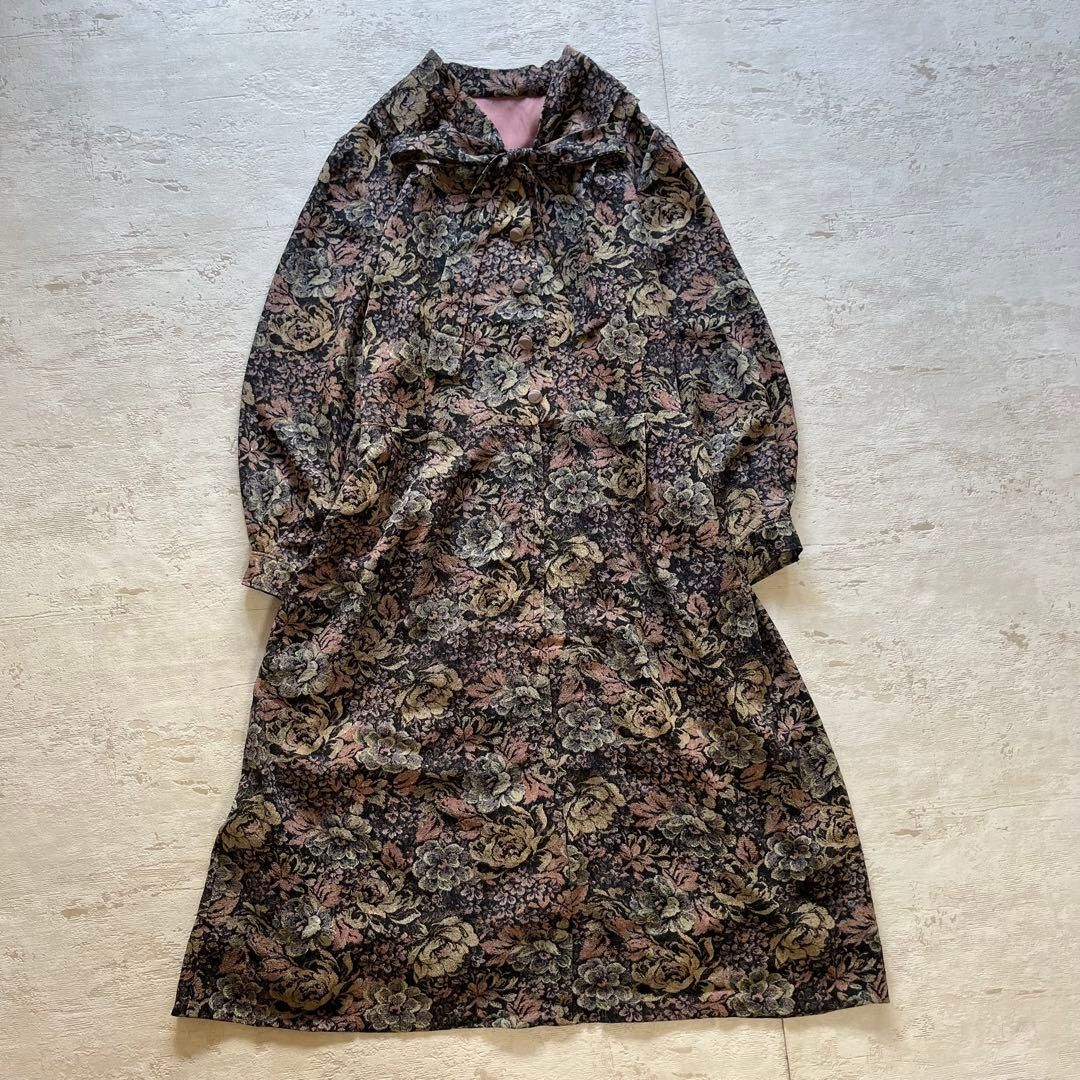 ヴィンテージ調 花柄 ロングワンピース リボン付き 上品 レディース