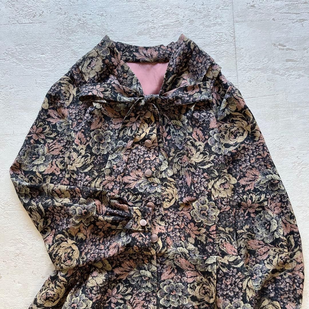 ヴィンテージ調 花柄 ロングワンピース リボン付き 上品 レディース