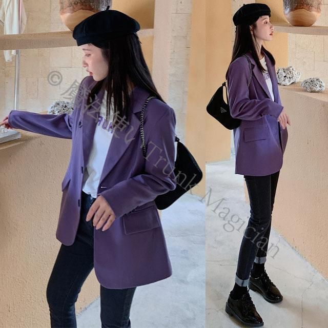 パープル テーラードジャケット レディース 春 秋 韓国風 オシャレ