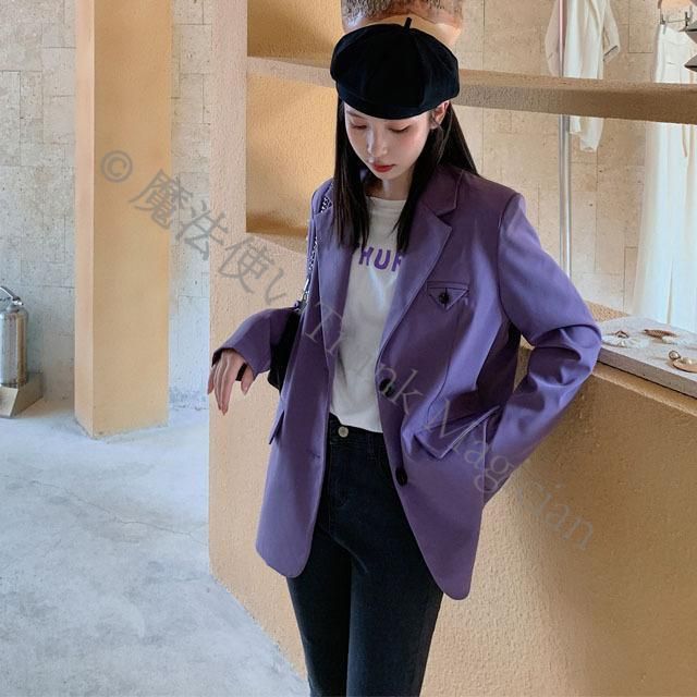 パープル テーラードジャケット レディース 春 秋 韓国風 オシャレ
