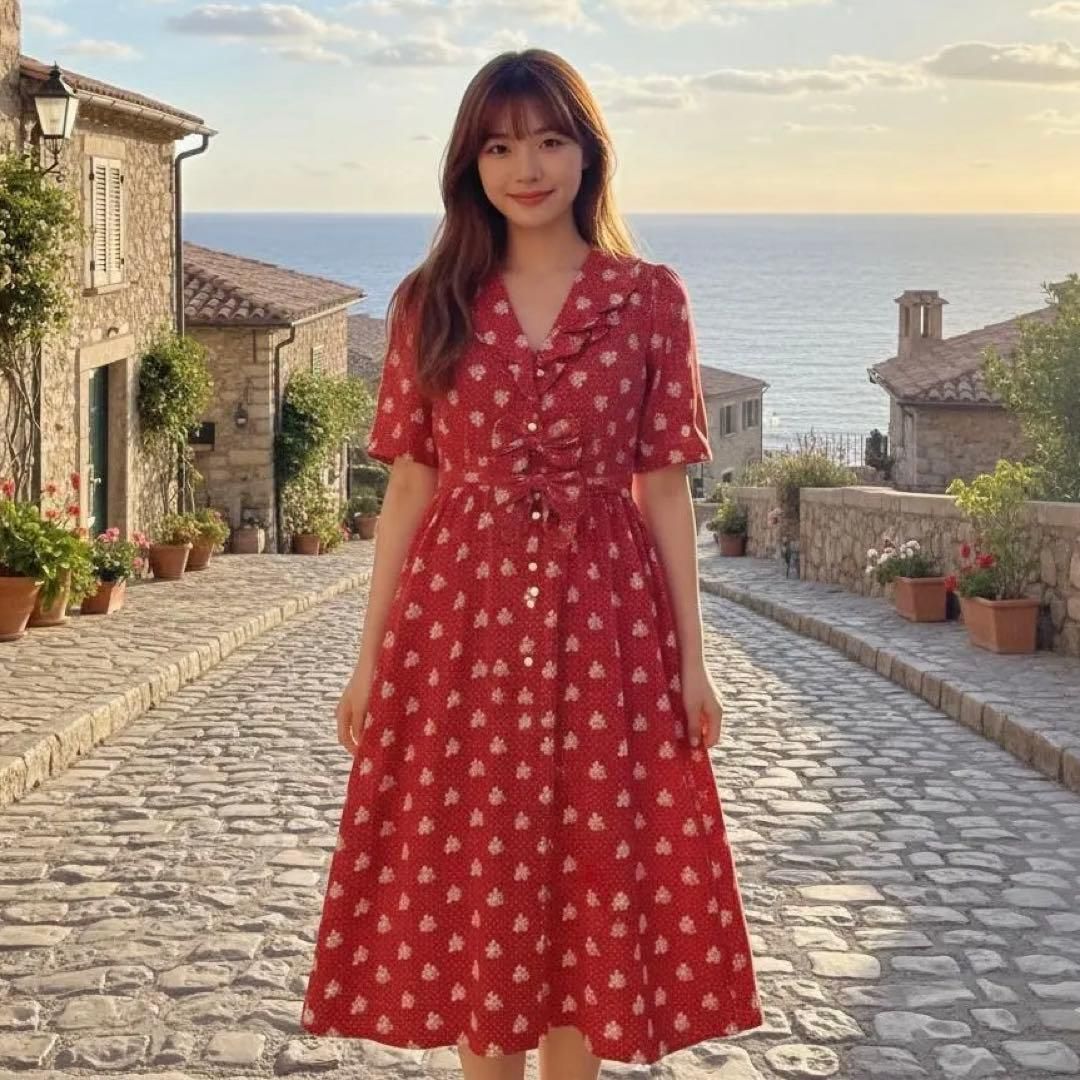 インゲボルグ 赤 花柄 ワンピース ヴィンテージ リボン付J 2