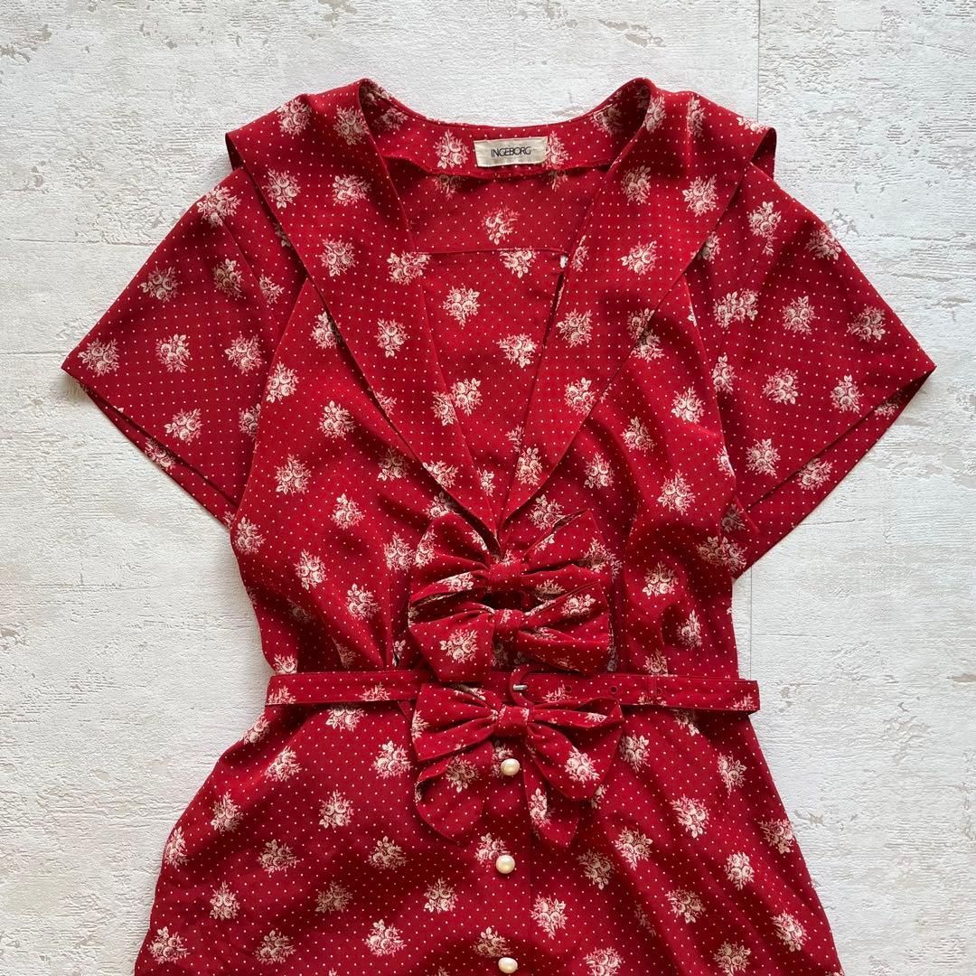 INGEBORG インゲボルグ 赤 花柄 ワンピース ヴィンテージ リボン付J2
