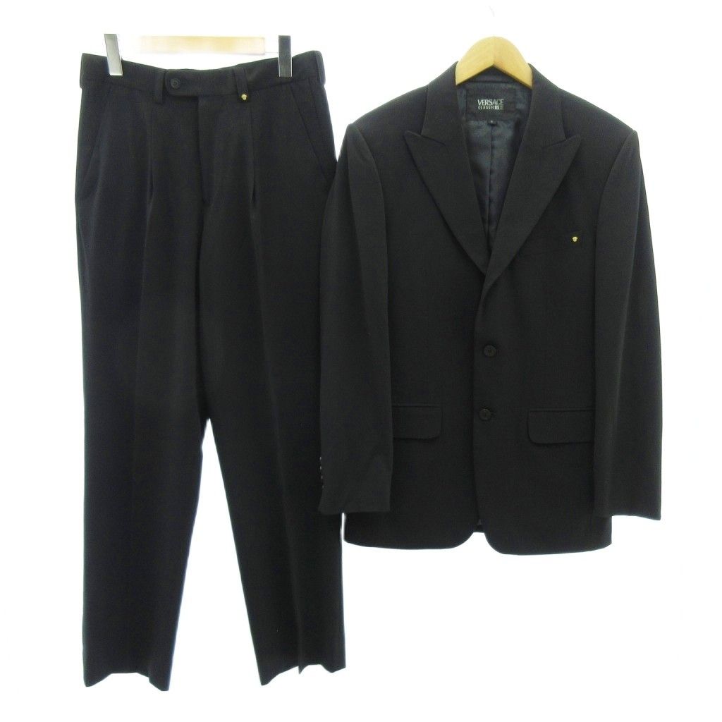ヴェルサーチクラシック ヴェルサーチェ VERSACE CLASSIC 裏地メドゥーサ柄 スーツ ジャケット 段返り 2B ロゴ金具 黒 ブラック 上S 下28 AA