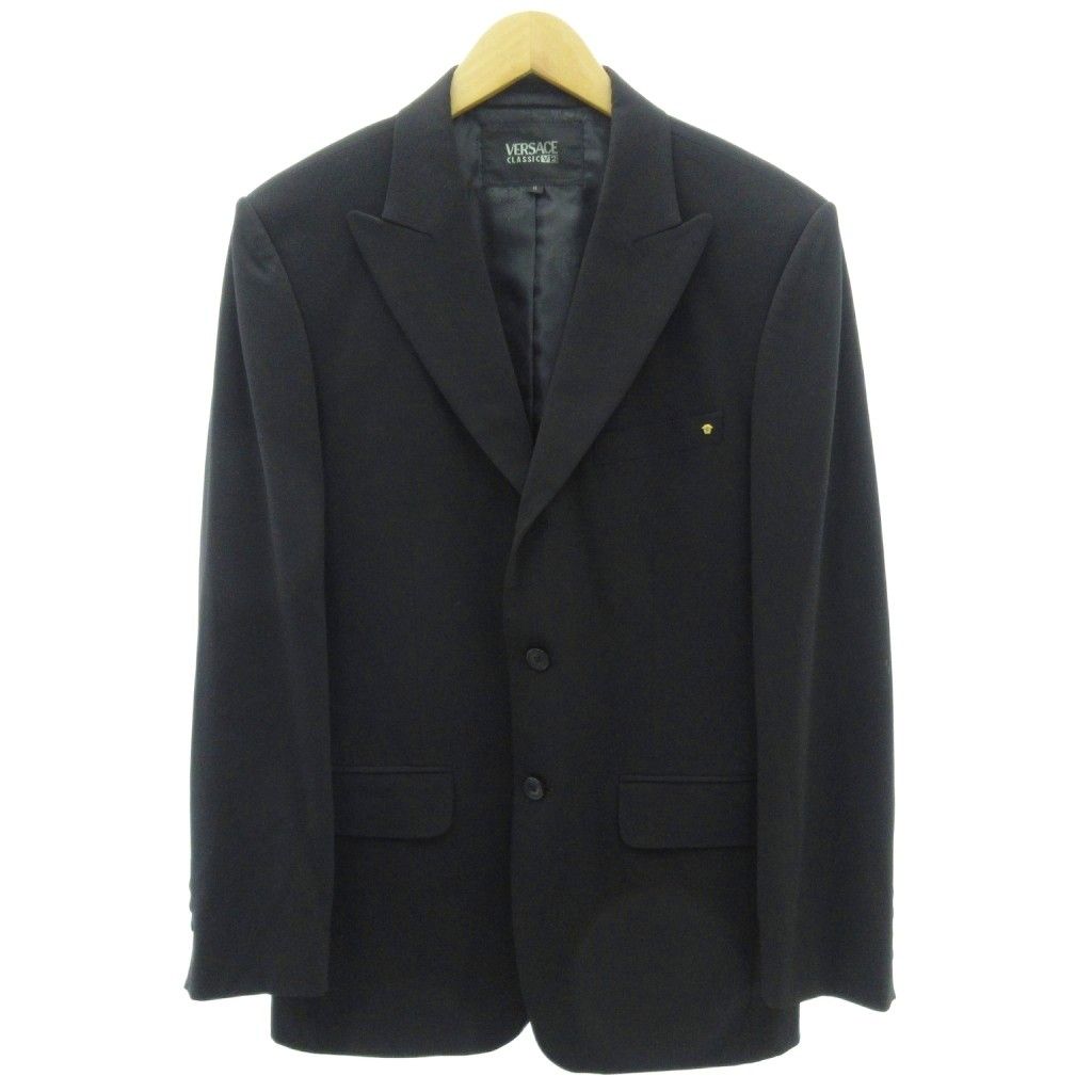 ヴェルサーチクラシック ヴェルサーチェ VERSACE CLASSIC 裏地メドゥーサ柄 スーツ ジャケット 段返り 2B ロゴ金具 黒 ブラック 上S 下28 AA