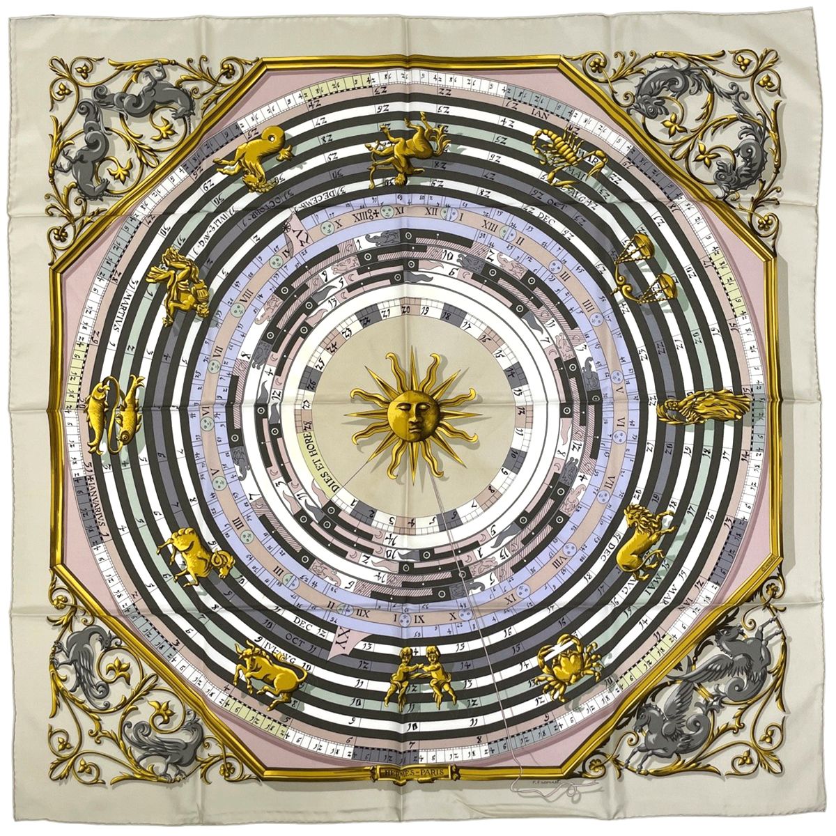 エルメス HERMES カレ 90 DIES ET HORE 占星術 太陽 スカーフ シルク ベージュ レディース