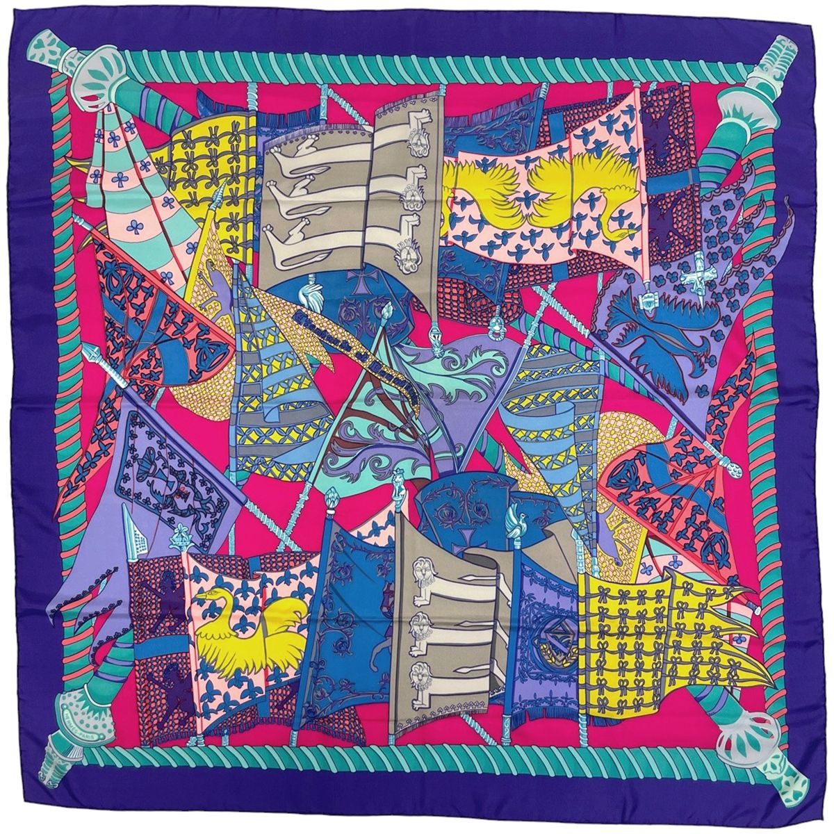 エルメス HERMES カレ 90 Etendards et Bonnieres 旗 スカーフ シルク パープル マルチ レディース