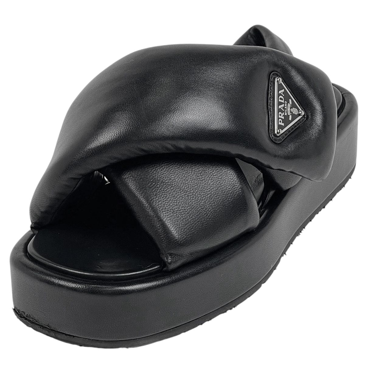 プラダ PRADA トライアングルロゴ サンダル ロゴプレート 厚底 靴 レザー ブラック レディース