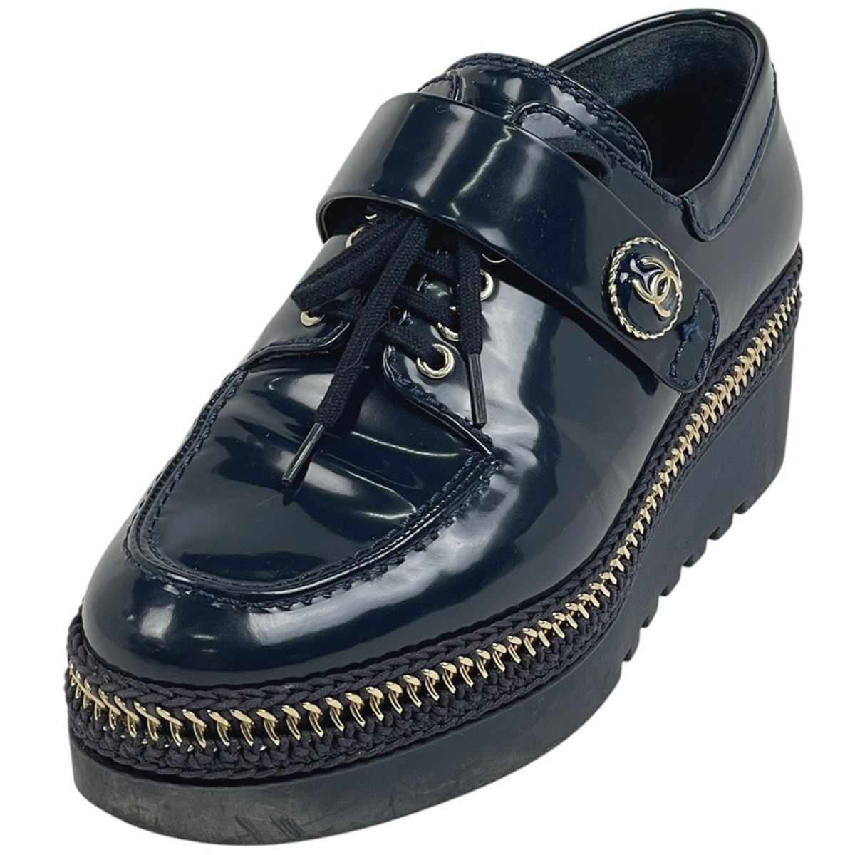 シャネル CHANEL ココマーク ローファー レースアップ 厚底 靴 レザー ネイビー レディース