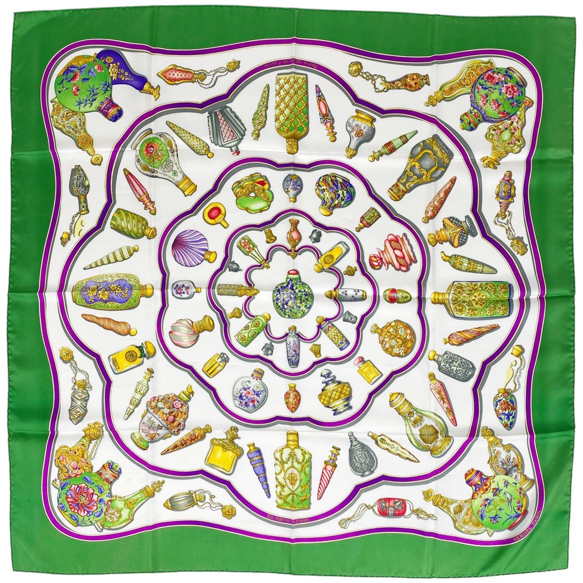 エルメス HERMES カレ 90 Qu importe le flacon 香水瓶 スカーフ シルク グリーン マルチ レディース