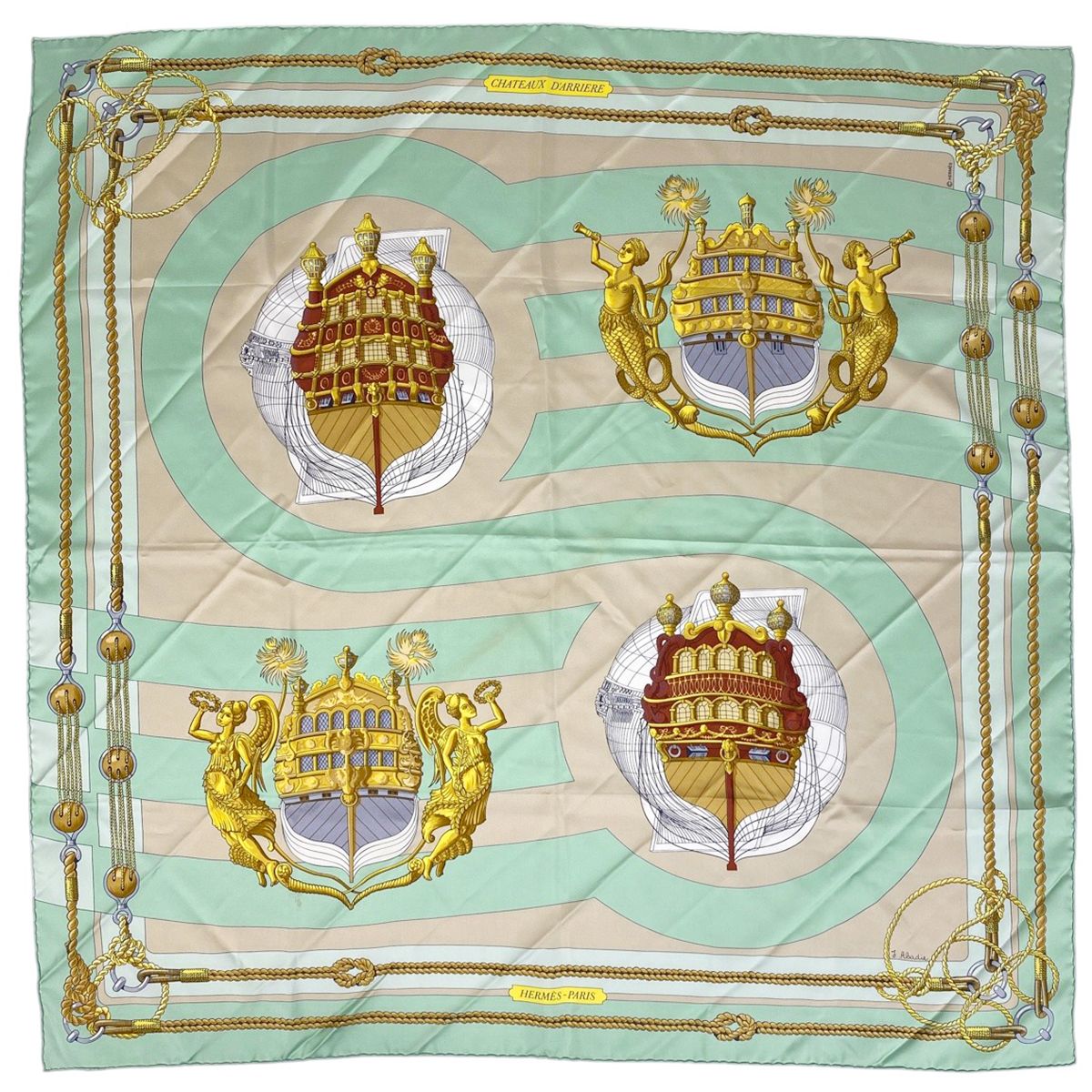 エルメス HERMES カレ 90 CHATEAUX D‘ARRIERE 艫飾り スカーフ シルク グリーン マルチ レディース