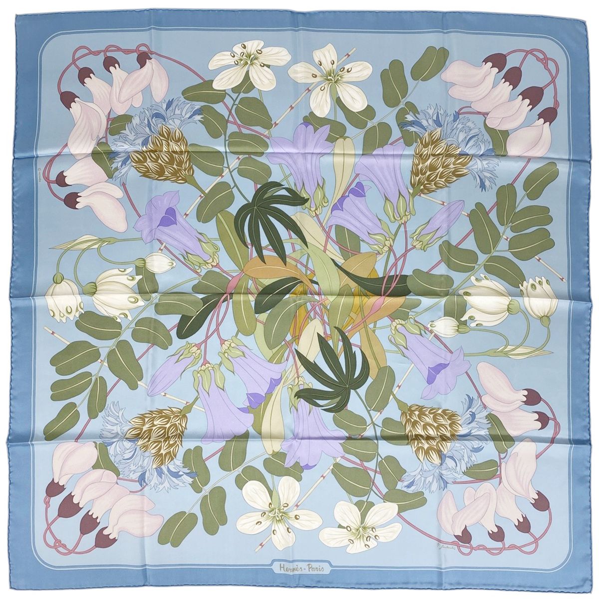 エルメス HERMES カレ 90 Flora Graeca ギリシャの花 スカーフ シルク ブルー マルチ レディース