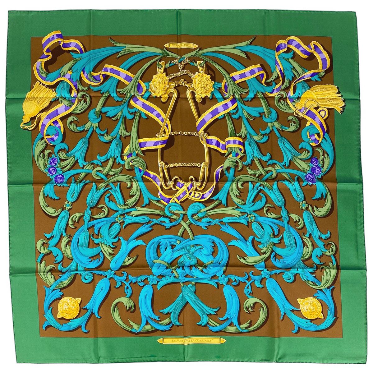エルメス HERMES カレ 90 LE MORS A LA CONETABLE 轡の気品 クツワ 馬具 スカーフ シルク グリーン ブラウン マルチ レディース