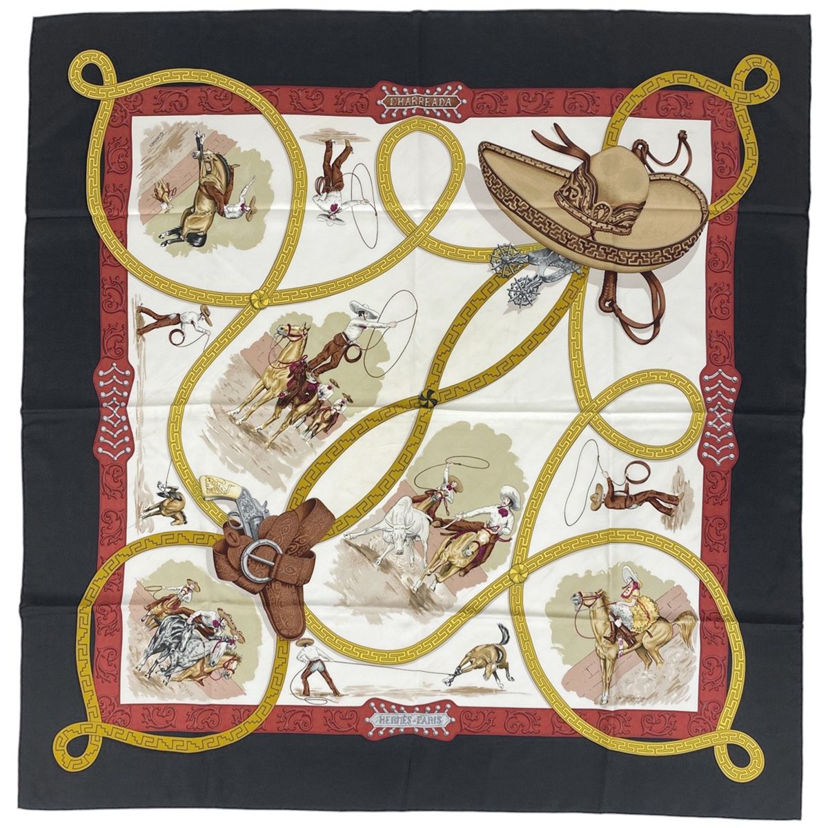 エルメス HERMES カレ 90 CHARREADA チャ ーダ カウボーイ 馬 ロデオ スカーフ シルク ブラック マルチ レディース