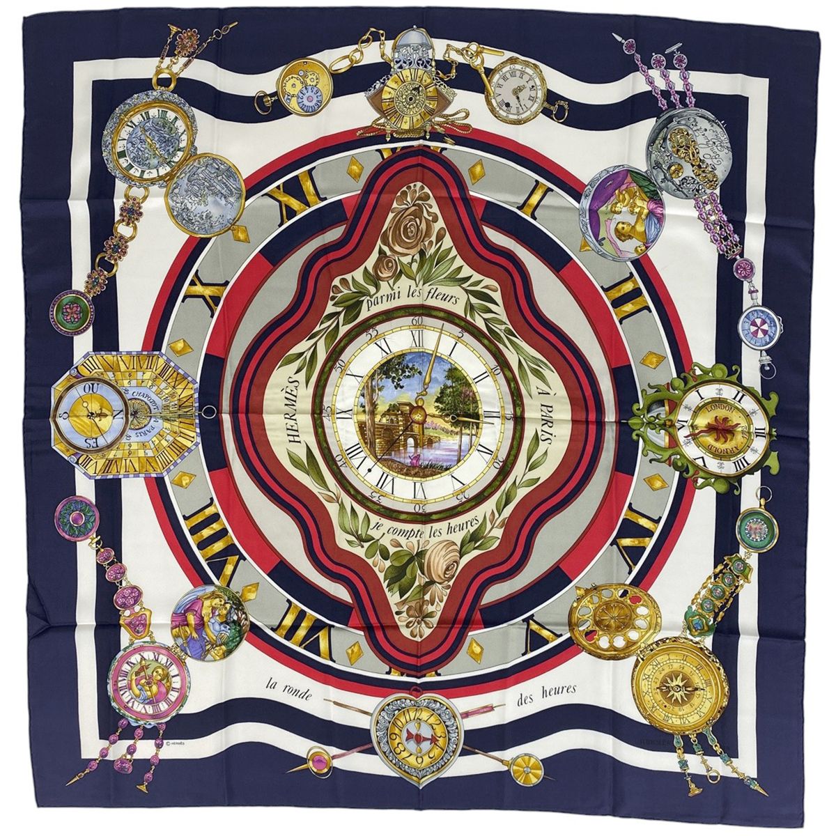 エルメス HERMES カレ90 parmi les fleurs je compte les heures 花の中で過ごす時間 スカーフ シルク ネイビー マルチ レディース