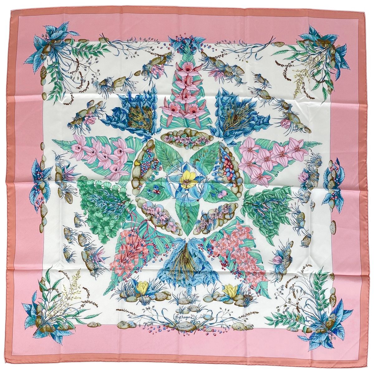 エルメス HERMES カレ 90 Pythagore ピタゴラス 花柄 スカーフ シルク ピンク マルチ レディース