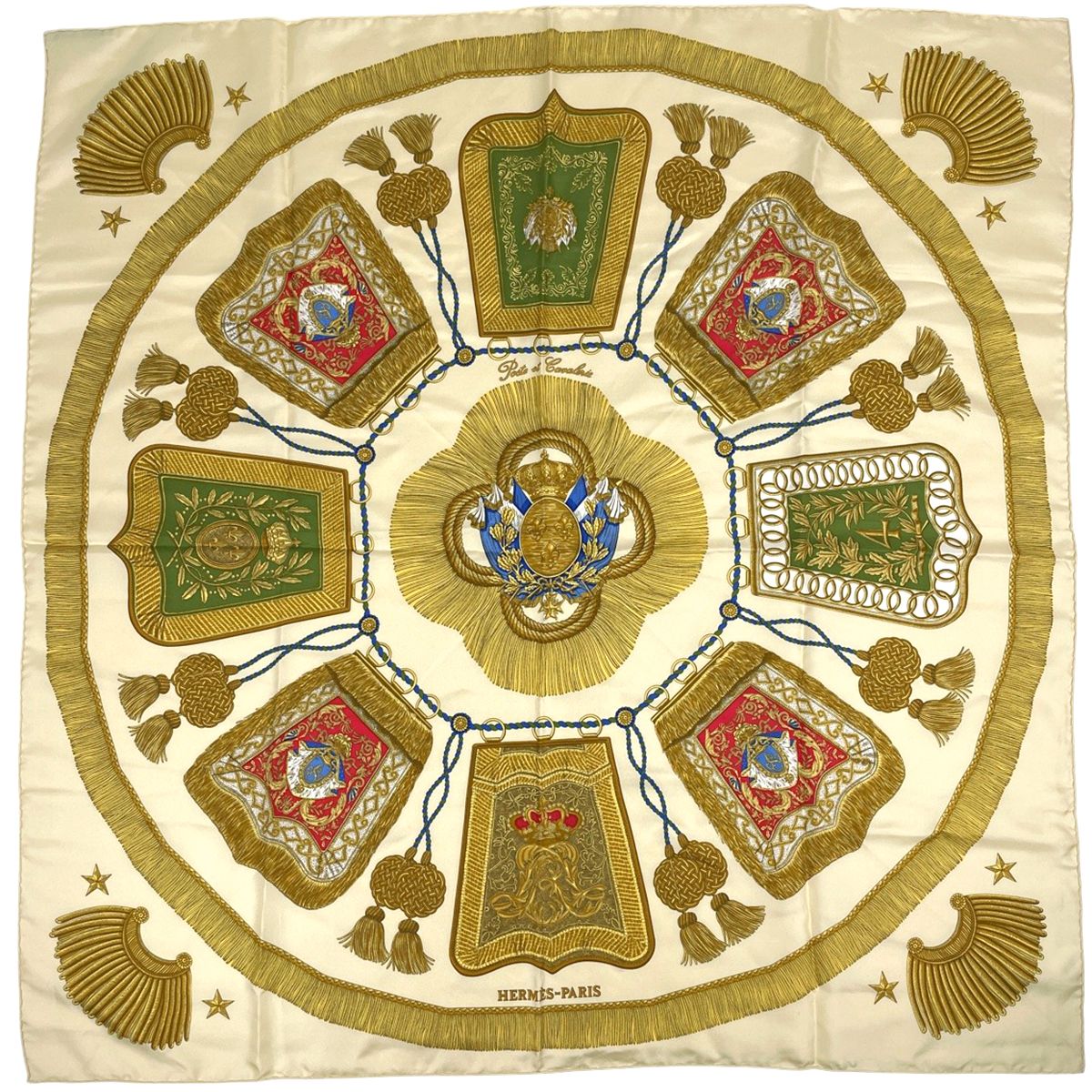 エルメス HERMES カレ 90 Poste et Cavalerie サーベル飾り袋 スカーフ シルク イエロー マルチ レディース