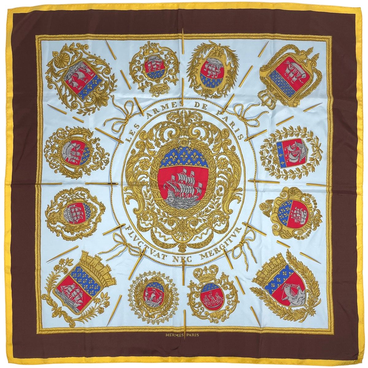 エルメス HERMES カレ 90 LES ARMES DE PARIS パリの紋章 スカーフ シルク ブラウン ブルー マルチ レディース