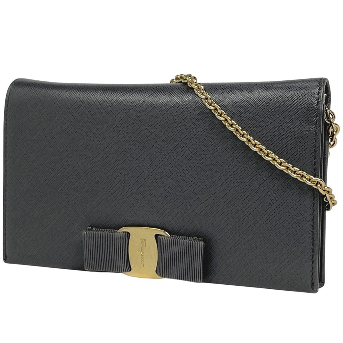 サルヴァトーレフェラガモ Salvatore Ferragamo ヴァラリボン チェーン ウォレット ショルダーバッグ 二つ折り財布 レザー グレー レディース