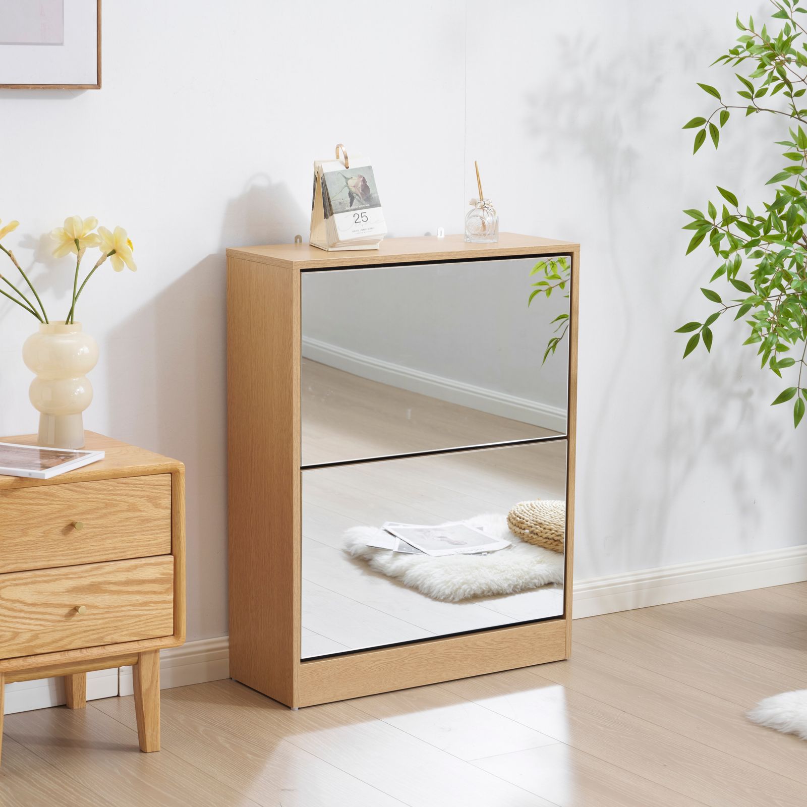 【鏡タイプ】下駄箱2段 シューズラック 玄関収納 ひとり暮らし スリムタイプ 靴収納ラック 靴収納棚 倒れ防止道具取付必要