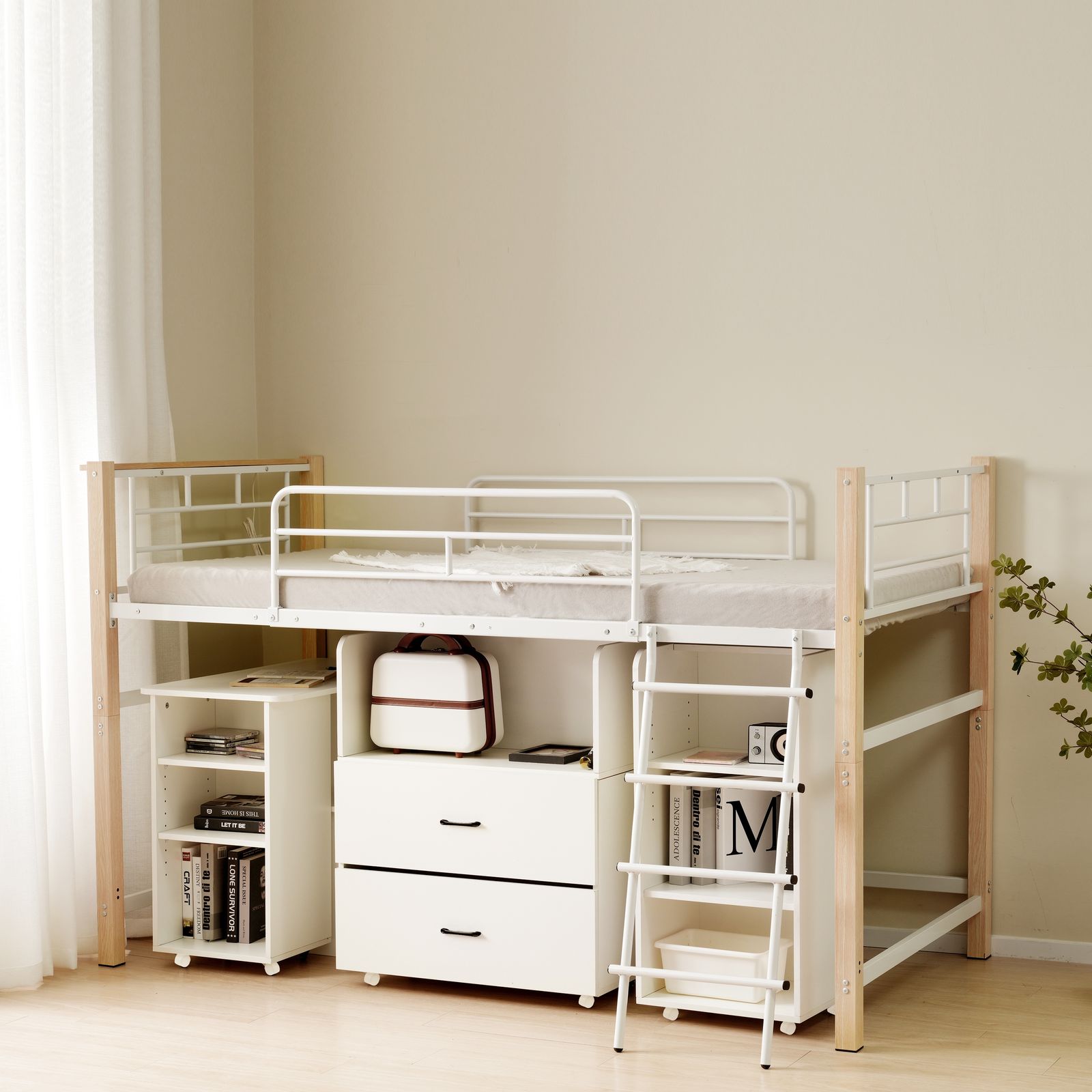 4梱包 高さ130 cm システムベッド 4点セット ロフトベッド デスク 収納ラック シェルフ 宮 コンセント 省スペース スチール 耐震 ベッド パイプ 金属 社員寮 学生寮 大人