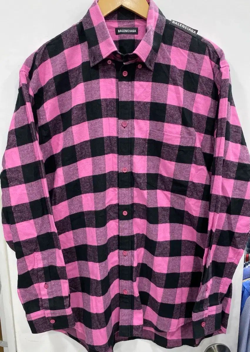 L XL 状態良し バレンシアガ タグロゴ ピンク フランネル シャツ