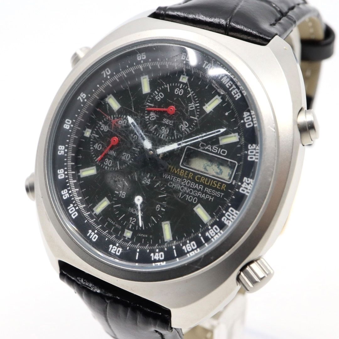 稼働品 カシオ ティンバークルーザー TIC-100 腕時計 メンズ アナデジ クロノグラフ 20気圧防水 クオーツ ステンレス レザーベルト ブラック 黒文字盤 シルバー ヴィンテージ レトロ アウトドア G9