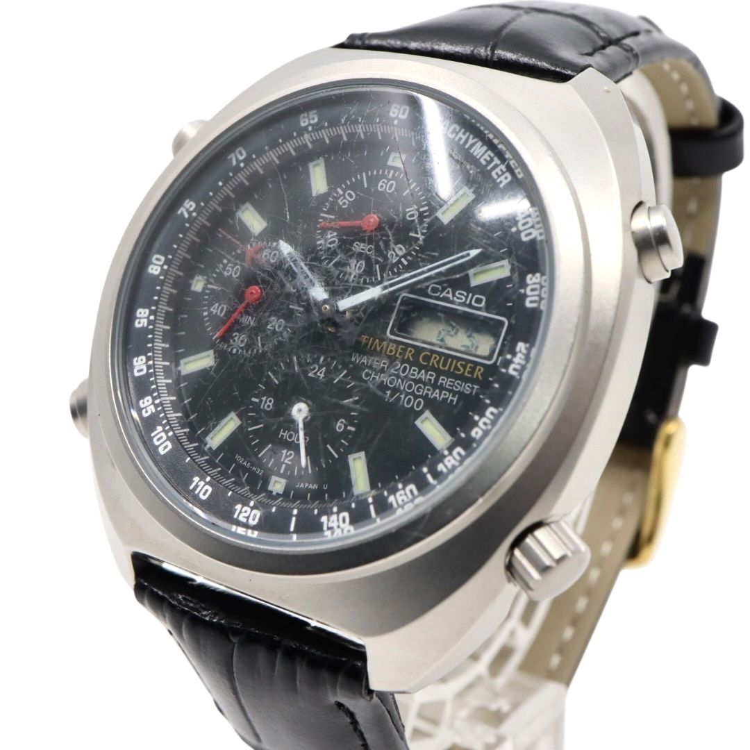 稼働品 カシオ ティンバークルーザー TIC 100 腕時計 メンズ アナデジ クロノグラフ 20気圧防水 クオーツ ステンレス レザーベルト ブラック 黒文字盤 シルバー ヴィンテージ レトロ アウトドア G 9