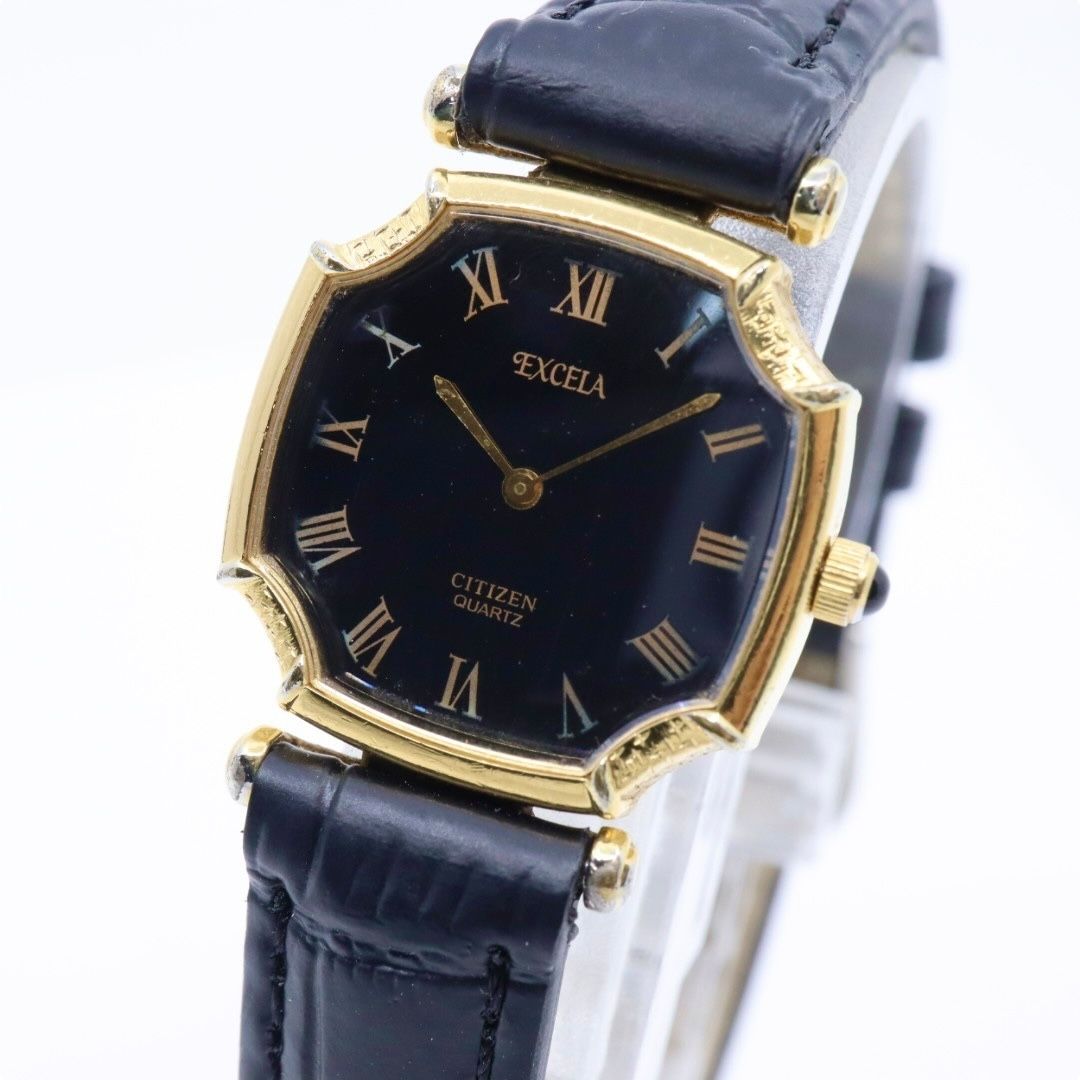 稼働品 ベルト シチズン エクセラ 腕時計 2200-221389 レディース クオーツ アナログ ローマンインデックス ブラック文字盤 ゴールド GP レザー ドレスウォッチ クラシック エレガント ヴィンテージ G9