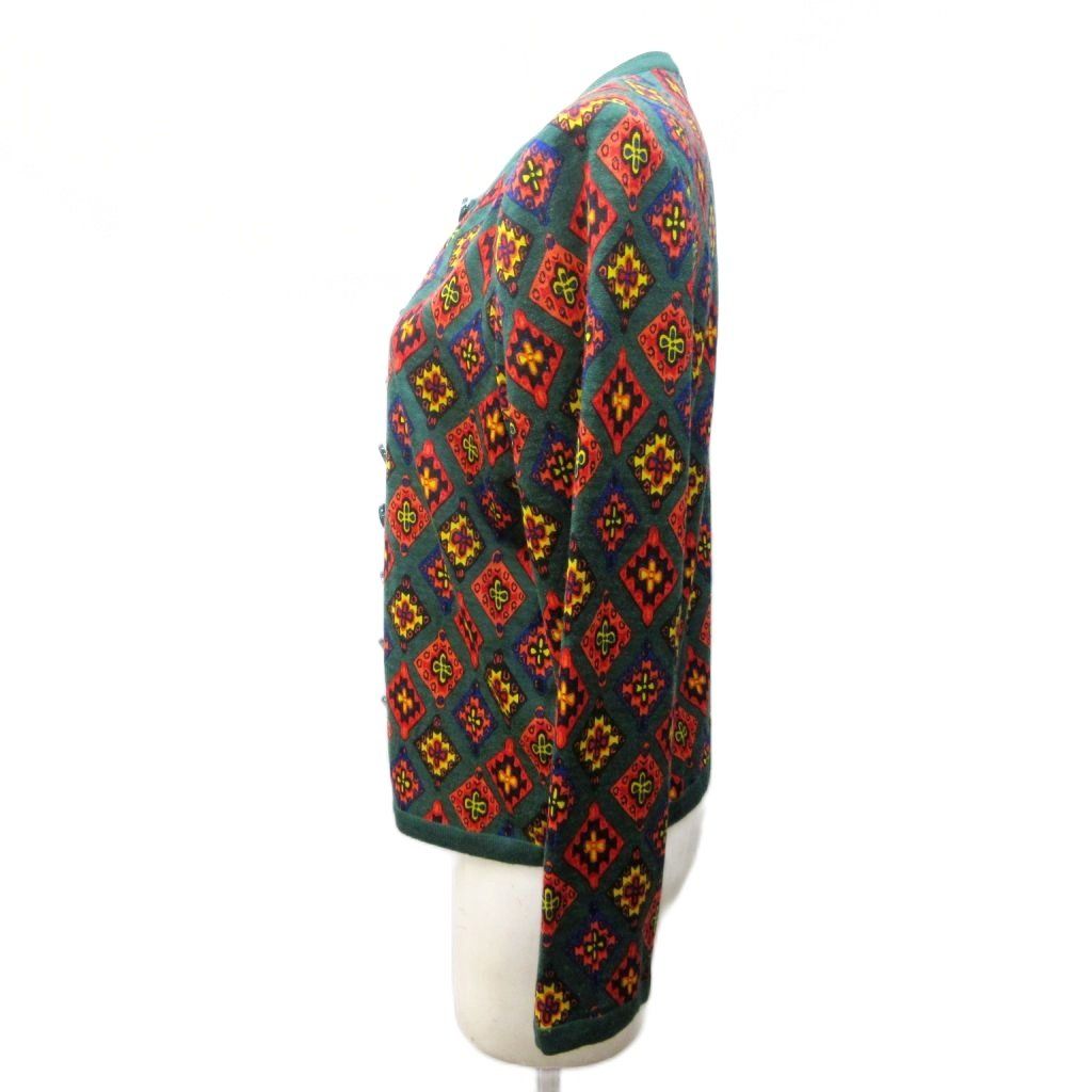 イヴサンローラン YVES SAINT LAURENT ヴィンテージ ニット カーディガン 総柄 プリント ウール 長袖 M 緑 グリーン 系 IBO81 1107
