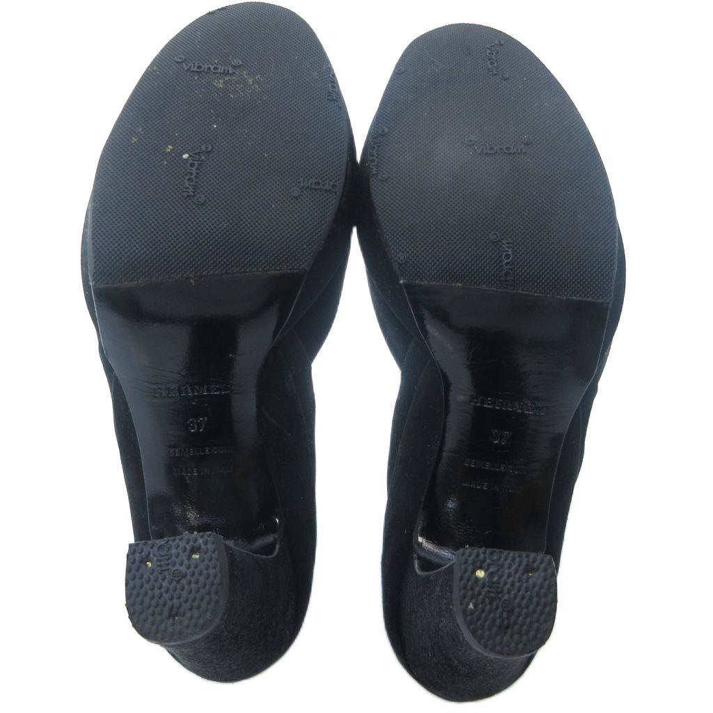 【中古】エルメス HERMES オープントゥ スエード パンプス チャンキーヒール 黒 ブラック 37 約24cm IBO83 エルメス HERMES オープントゥ スエード パンプス チャンキーヒール 黒