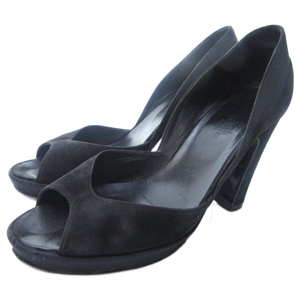 エルメス HERMES オープントゥ スエード パンプス チャンキーヒール 黒 ブラック 37 約24 cm IBO 83