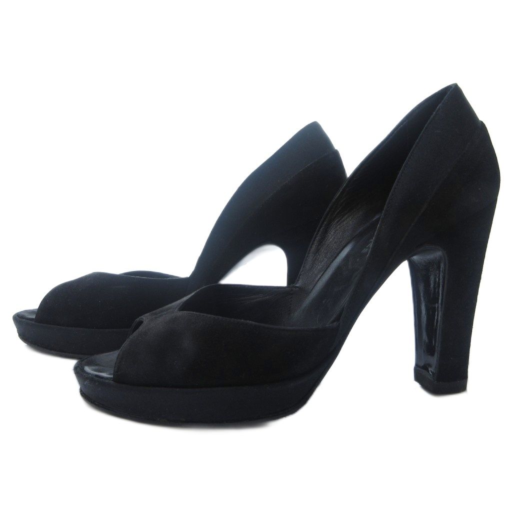 【中古】エルメス HERMES オープントゥ スエード パンプス チャンキーヒール 黒 ブラック 37 約24cm IBO83 エルメス HERMES オープントゥ スエード パンプス チャンキーヒール 黒