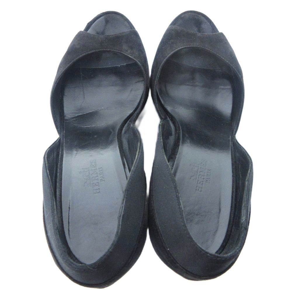 エルメス HERMES オープントゥ スエード パンプス チャンキーヒール 黒