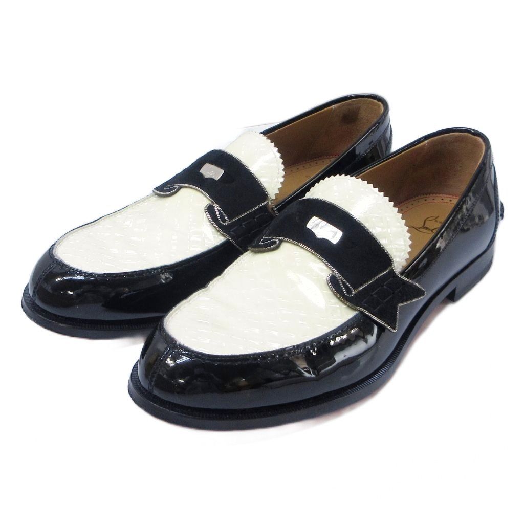 クリスチャンルブタン Christian louboutin コインローファー ペニーローファー バイ エナメル レザー 切替 チェーン デザイン 42 1 2 約27.5cm 黒白 ブラック ホワイト IBO83 1110