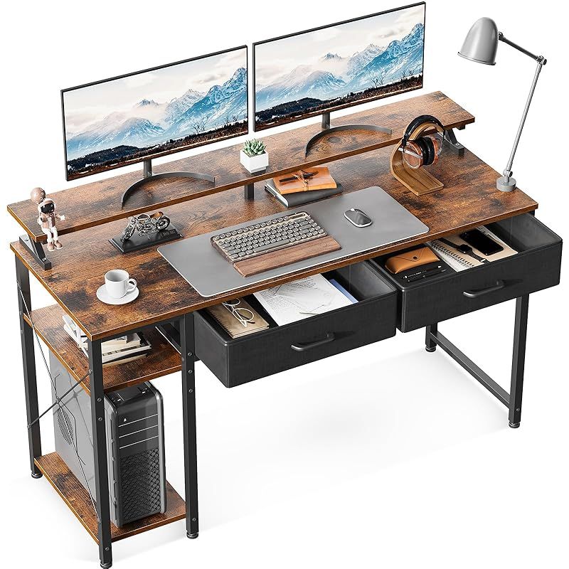 ODK ゲーミングデスク ラック 引き出し2杯付き 幅120 cm パソコンデスク 机 pcデスク モニター台付き ワークデスク オフィスデスク おしゃれ 省スペース 一人暮らし 在宅勤務 左右入れ替え対応 ビンテージ 1