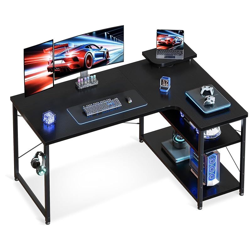 ODK ゲーミングデスク L字 パソコンデスク 幅110 デスク desk 机 pcデスク 棚付き オフィス ワーク 在宅勤務 子 勉強机 組立簡単 ブラック 右棚 1